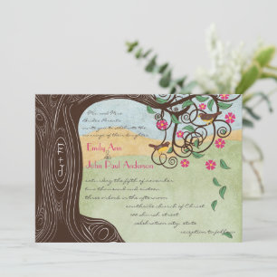Romantic Rustic Tree Cherry Blossom Cute Lovebirds Invitation