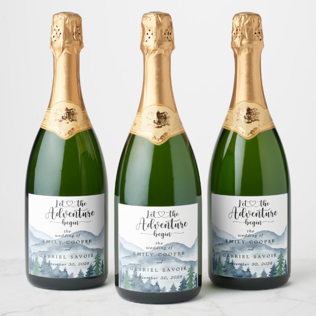Romantic Rustic Watercolor Mountains Tree Wedding  Sparkling Wine Label (Bottles)
