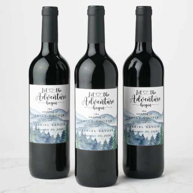 Romantic Rustic Watercolor Mountains Tree Wedding Wine Label (Bottles)