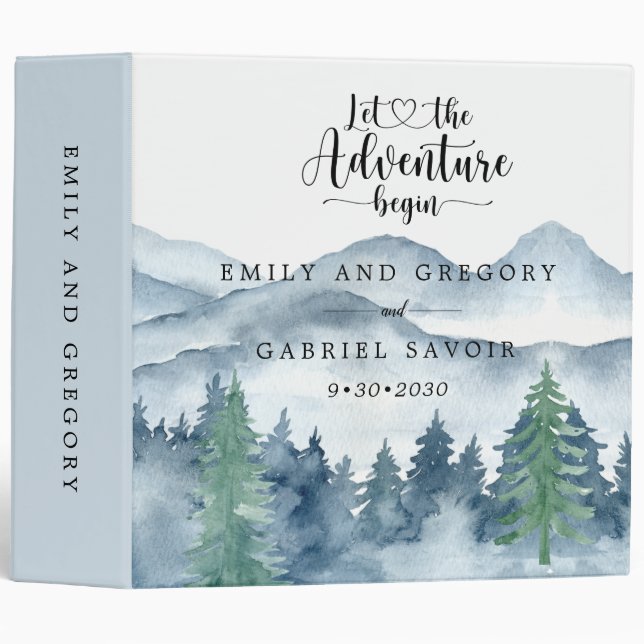 Romantic Rustic Watercolor Mountains Trees Wedding 3 Ring Binder (Front/Spine)