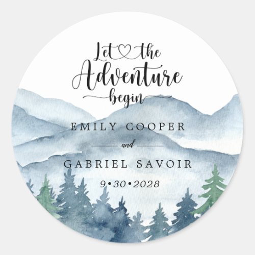 Romantic Rustic Watercolor Mountains Trees Wedding Classic Round Sticker