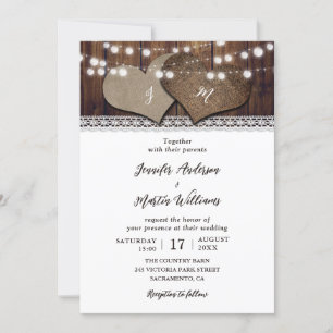 Romantic Rustic Wood Burlap and Lace Wedding Invitation