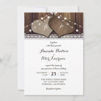 Romantic Rustic Wood Burlap and Lace Wedding Invitation