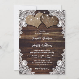 Romantic Rustic Wood Burlap and Lace Wedding Invitation
