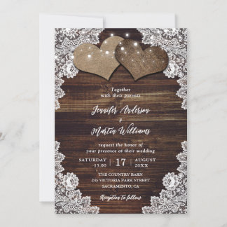 Romantic Rustic Wood Burlap and Lace Wedding Invitation
