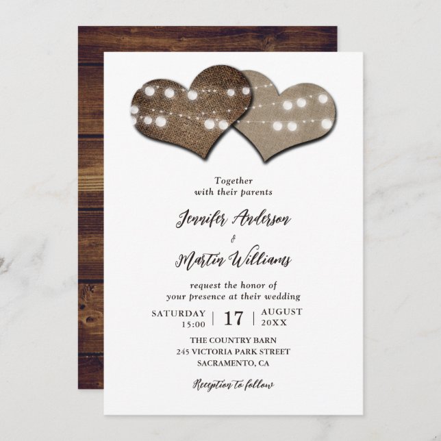 Romantic Rustic Wood Burlap String Lights Wedding Invitation (Front/Back)