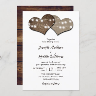 Romantic Rustic Wood Burlap String Lights Wedding Invitation