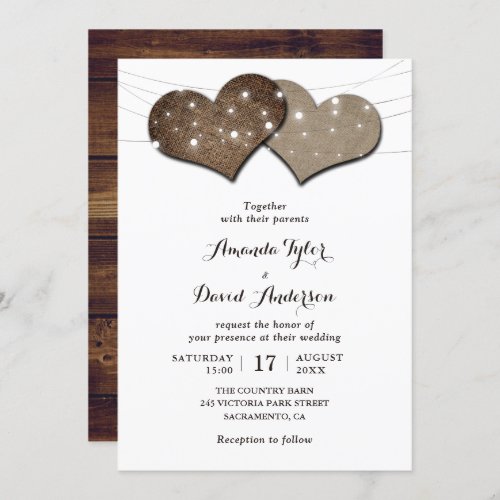 Romantic Rustic Wood Burlap String Lights Wedding Invitation