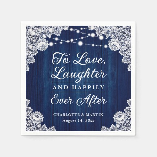 Romantic Rustic Wood Lace Navy Blue Wedding Napkins