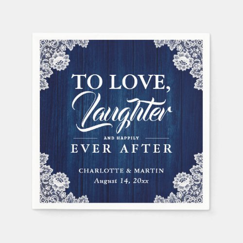 Romantic Rustic Wood Lace Navy Blue Wedding Napkins