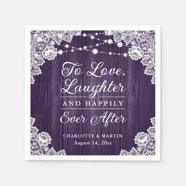 Romantic Rustic Wood Lace Purple Wedding Napkins (Front)
