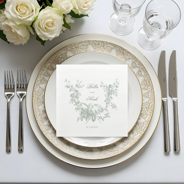 Romantic Sage Floral Wreath w/Lovebirds Wedding Napkins (Creator Uploaded)