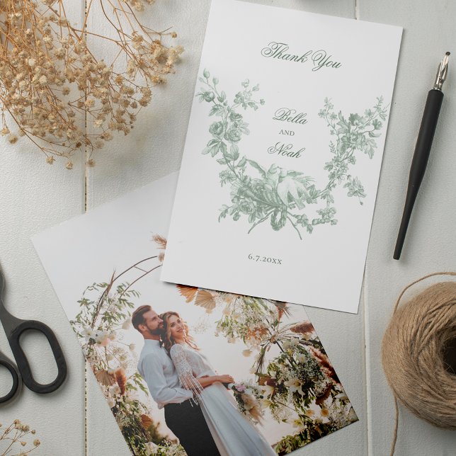 Romantic Sage Floral Wreath w/Lovebirds Wedding Thank You Card (Creator Uploaded)