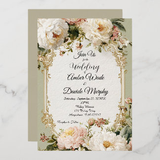Romantic Sage Green and Gold Vintage Wedding Foil Invitation