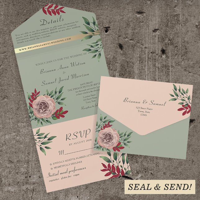 Romantic Sage Green Blush Floral Wedding All In One Invitation (Creator Uploaded)