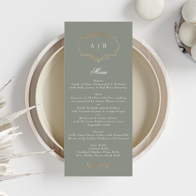 romantic sage green classic gold monogram wedding menu (Creator Uploaded)