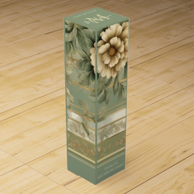 Romantic sage green gold striped Wine Gift Box (Front)
