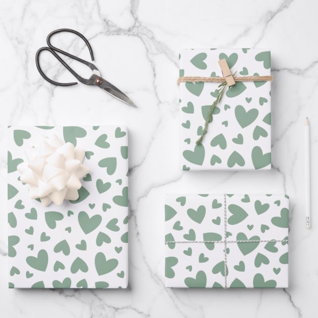 Romantic Sage Green Love Hearts  Wrapping Paper Sheets (Front)