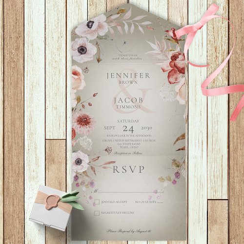 Romantic Sage Green  Pink Floral No Dinner All In One Invitation