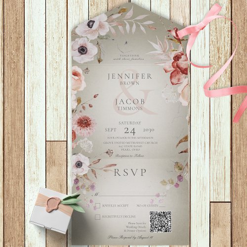 Romantic Sage Green  Pink Floral QR Code All In One Invitation