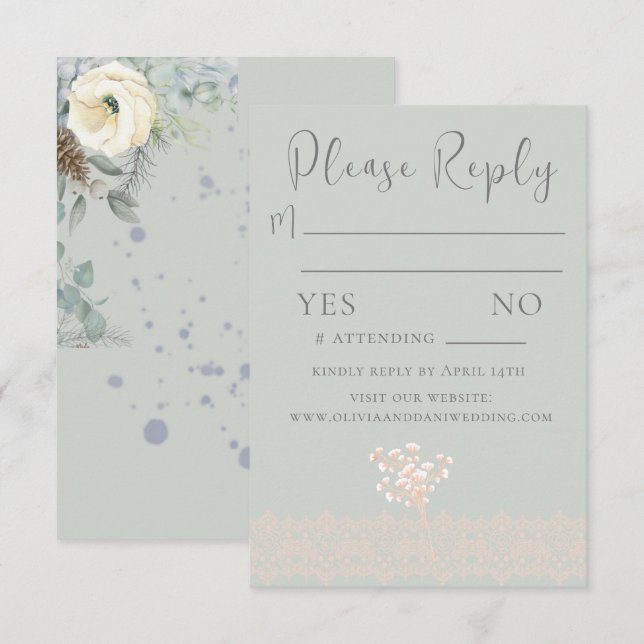 Romantic Sage Green White Floral RSVP Card (Front/Back)