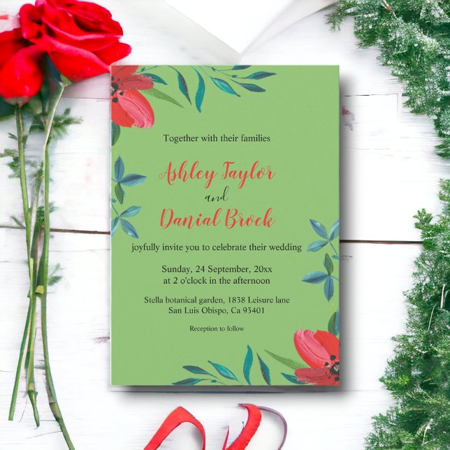 Romantic Sage Red Rose Boho Summer Floral Wedding Invitation (Creator Uploaded)