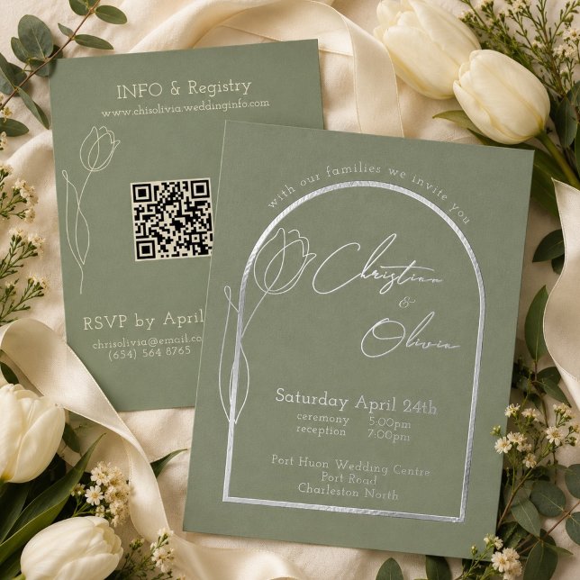 Romantic Sage Tulip Minimal Wedding Silver  Foil Invitation (Creator Uploaded)