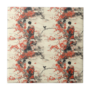 Romantic Sakura Kimono Couple Pattern (2) Ceramic Tile