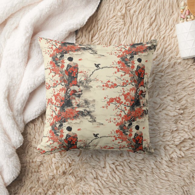 Romantic Sakura Kimono Couple Pattern (2) Throw Pillow (Blanket)