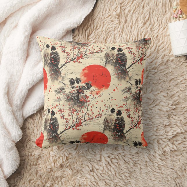 Romantic Sakura Kimono Couple Pattern (3) Throw Pillow (Blanket)
