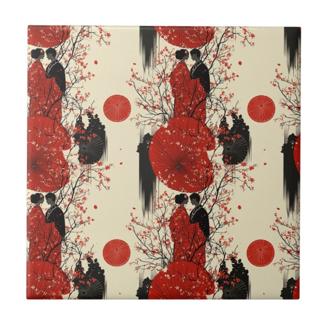 Romantic Sakura Kimono Couple Pattern (4) Ceramic Tile (Front)