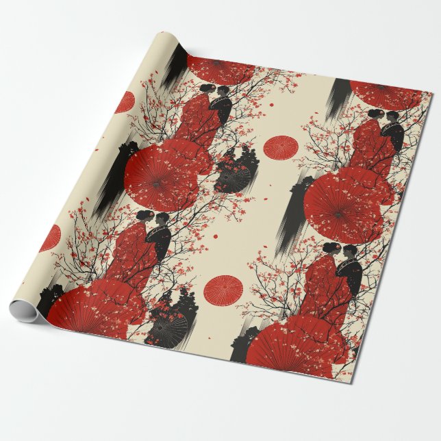 Romantic Sakura Kimono Couple Pattern (4) Wrapping Paper (Unrolled)