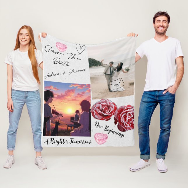 Romantic Save The Date Wedding Collage Fleece Blanket (In Situ)