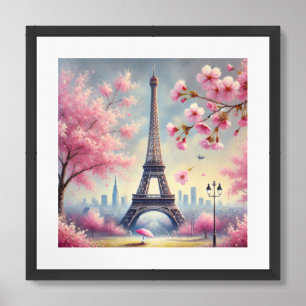 Romantic scene spring in Paris and cherry blossoms Framed Art