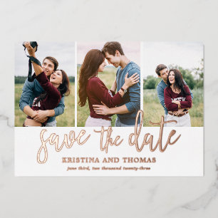 Romantic Script 3 Photo Collage Save The Date Foil Invitation