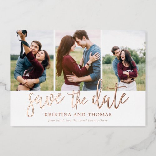 Romantic Script 3 Photo Collage Save The Date Foil Invitation