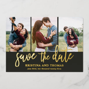 Romantic Script 3 Photo Collage Save The Date Foil Invitation