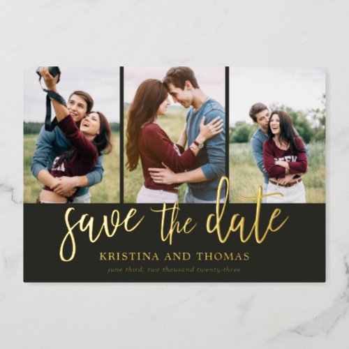 Romantic Script 3 Photo Collage Save The Date Foil Invitation