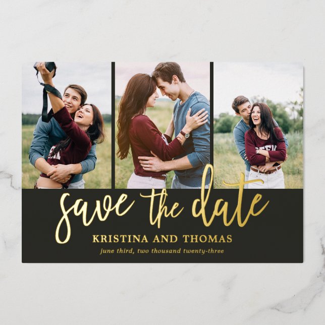 Romantic Script 3 Photo Collage Save The Date Foil Invitation (Front)