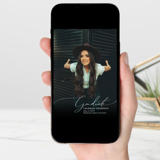 Romantic Script Black Photo Collage Graduation Announcement (Front Digital)