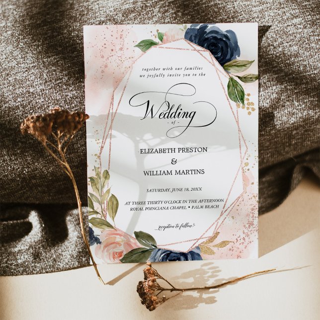 Romantic Script Blush Pink Navy Floral Wedding Invitation (Creator Uploaded)