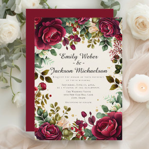 Romantic Script Burgundy Floral  Wedding Invitation
