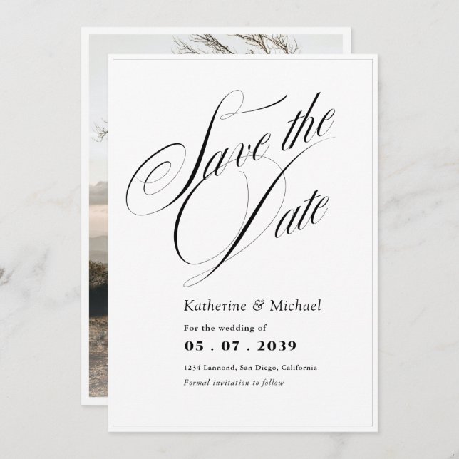 Romantic Script Calligraphy Add Photo Wedding Save Save The Date (Front/Back)