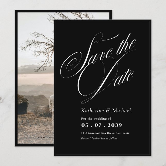 Romantic Script Calligraphy Add Photo Wedding Save The Date (Front/Back)