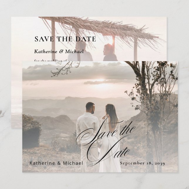 Romantic Script Calligraphy Add Photo Wedding Save The Date (Front/Back)