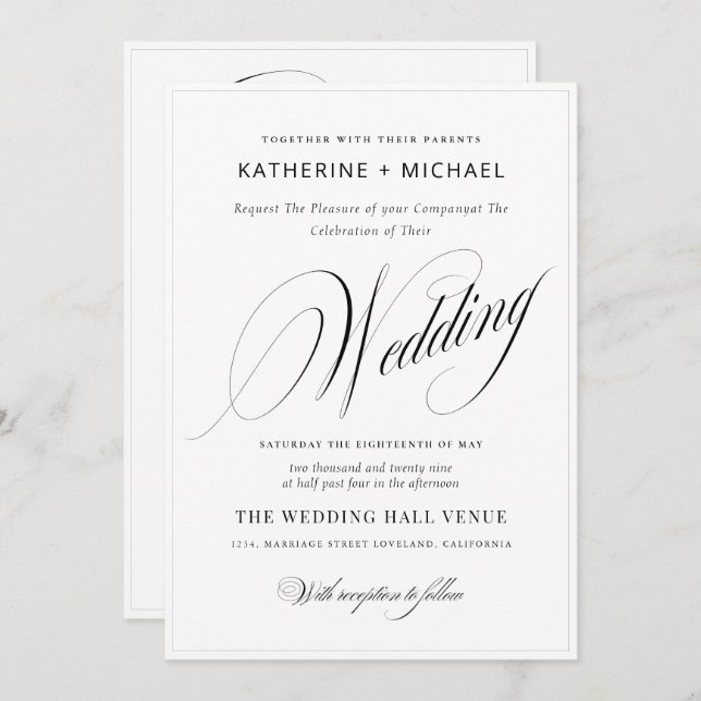 Romantic Script Calligraphy&Details QRcode Wedding Invitation (Front/Back)