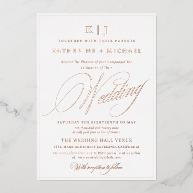 Romantic Script Calligraphy Monogram Gold Wedding Foil Invitation (Front)