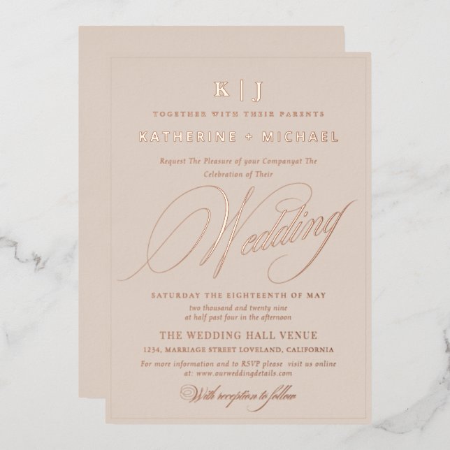 Romantic Script Calligraphy Monogram Gold Wedding Foil Invitation (Front/Back)