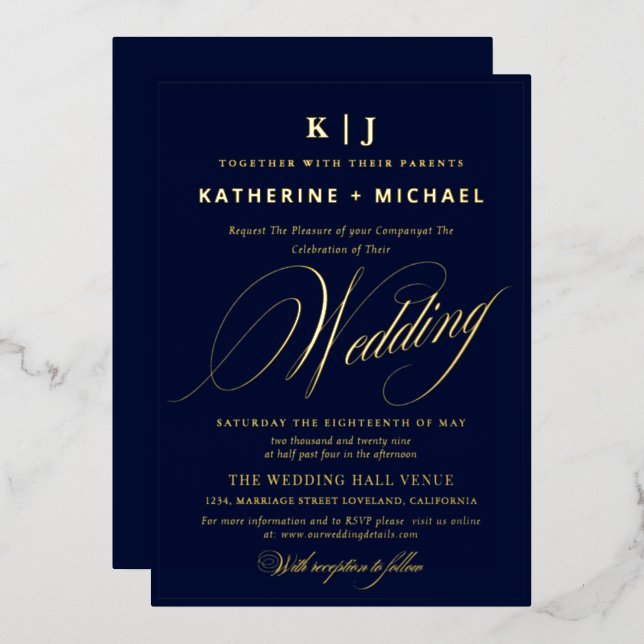 Romantic Script Calligraphy Monogram Gold Wedding Foil Invitation (Front/Back)