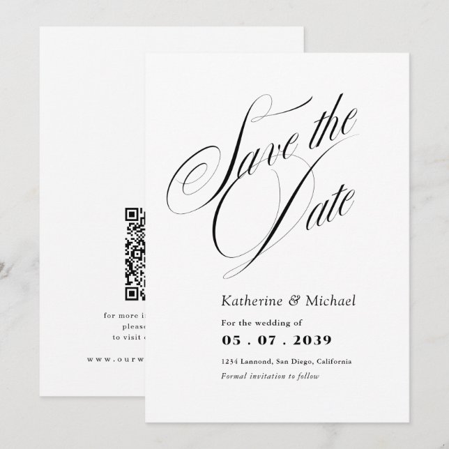 Romantic Script Calligraphy QR code Wedding Save The Date (Front/Back)